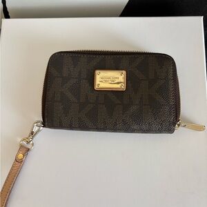 Michael Kors Brown MK Monogram Zip Wristlet Wallet